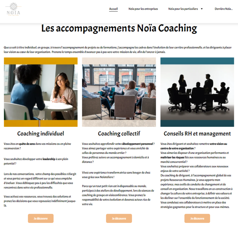 Site internet Noïa Coaching présentant ses prestations de coaching professionnel et de conseil RH